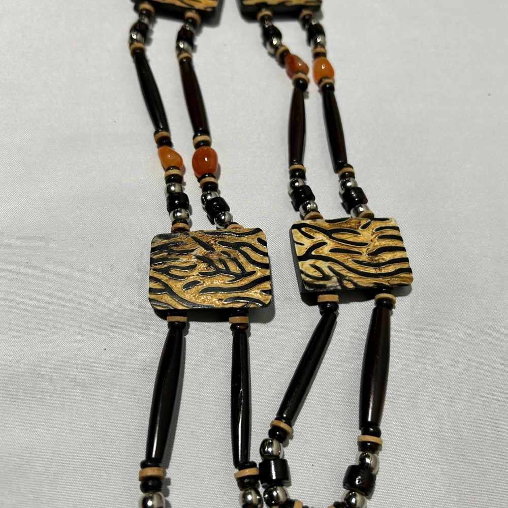 Boho Wood Beaded Belt Womens Tan Brown Faux Suede Tie Waist‎ Belt Animal Print